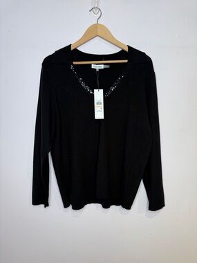 Calvin Klein Black V-Neck Long Sleeve Top with Sequin Trim